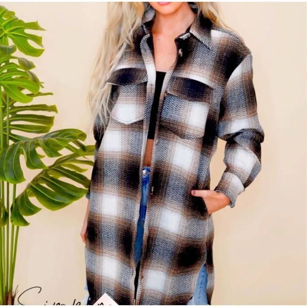 Sweet Lovely Women’s Wool Blend Brown Button Down Long Plaid Shacket Size L